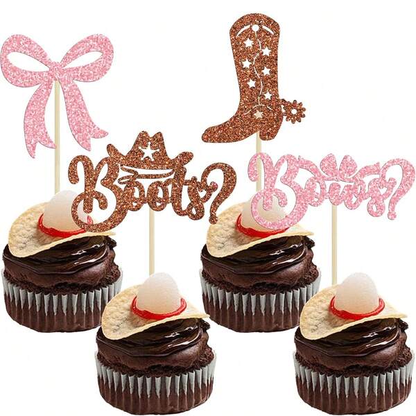 12/24Pcs Boots Or Bows Cupcake Toppers Glitter B*Y Or G*Rl Cupcake Picks For Gender Reveal Theme BabyShower Boys Girls Birthday Party Cake Decorations Supplies Brown Pink