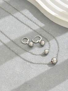 3件套女士银色夸张球形设计项链+耳环首饰套装，适合日常佩戴