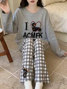 2pcs Women Pajama Set, Cartoon Puppy Graphic Tee And Plaid Print Pants, Comfortable Long Sleeve Sleepwear Suitable For Autumn/Winter - Grey - View 7
