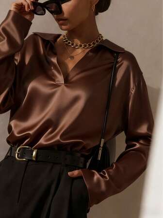 Elegant And Stylish Solid-Color Long-Sleeve Satin Shirts For Ladies In Autumn And Winter Women's Satin Shirt,Business Commute Stylish Collared Top, Elegant Office & Lounge Top For Fall Winter Spring