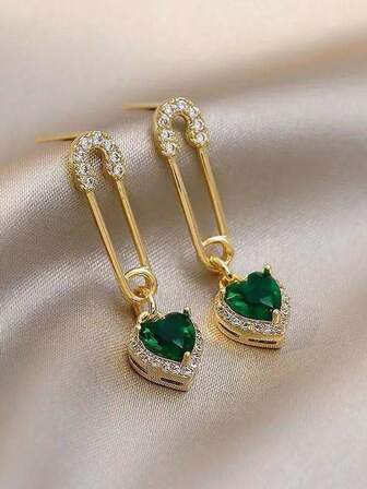 1pc Gold Color Brooch Design Earrings, Niche Luxury Sweet Cool Style Emerald Heart Rhinestone Versatile Earrings Accessory