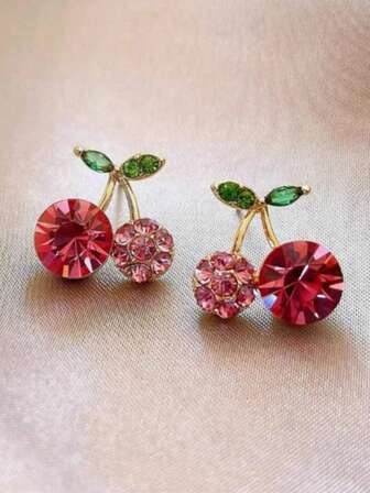 1对精致甜美的迷你樱桃造型耳环，简约可爱的自然风首饰