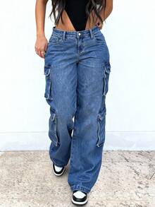 Quần jean denim ống đứng nhiều túi dáng rộng dành cho nữ cỡ lớn, thích hợp cho mùa xuân. - Rửa tối - Xem 1