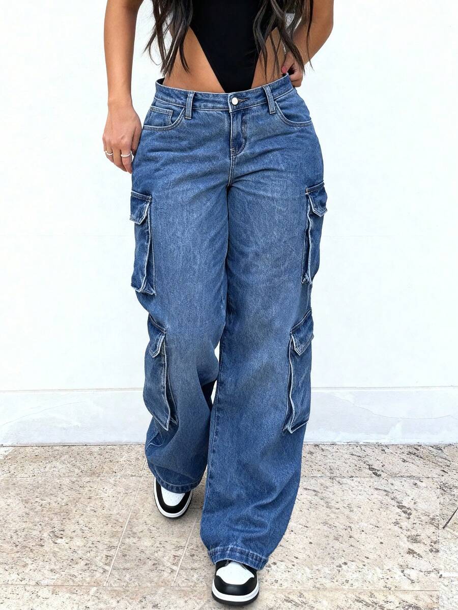 Quần jean denim ống đứng nhiều túi dáng rộng dành cho nữ cỡ lớn, thích hợp cho mùa xuân. - Rửa tối - Xem 1