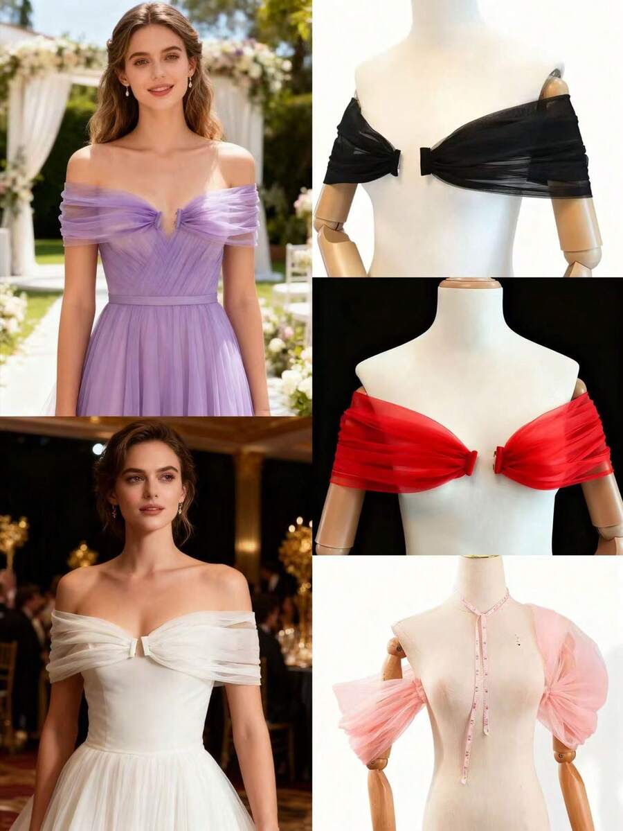 新娘袖子，配有可拆卸肩带和露肩袖，多种颜色可选，适用于女士婚纱礼服。 - 彩色 - 查看 1