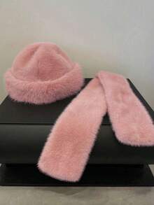 1 Set Hat + Scarf Combo, Women Winter Hat, Fluffy Faux Fur Thickened, European & American Style Thick Bucket Hat, Knitted Hat With Ear Protector, Black/Pink/Khaki Available - Multicolor - View 11