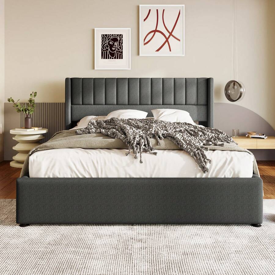Storage Bed, Upholstered Bed, Hydraulic Double Bed 160x200cm, Wooden Slatted Base, Bed With Metal Slatted Base, Linen, Grey - Grey - View 1