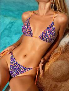 Bộ bikini nữ mới, họa tiết hình học, gợi cảm, chất liệu co giãn vừa phải, kiểu buộc dây, hở lưng, thích hợp cho kỳ nghỉ hè, đi biển. - Nhiều màu - Xem 3