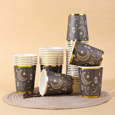 10/20/40pcs,Black And Gold Foil Eid Mubarak Paper Cups Ramadan Muslim Disposable Coffee Cups Bulk Gold Foil Cup Hot Cold Beverage Drinking Cups For Eid Islamic Party Supplies Decorations