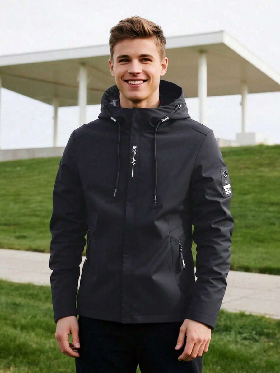 Men's Hooded Zip-Up Jacket - Outdoor Jacket, Casual Street Style Outerwear With Zippered Front Pockets, Suitable For Spring And Autumn, Sports, Travel - Black - View 1