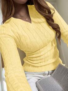 Apperloth A 女士春秋装毛衣黄色上衣休闲轻薄柔软V领长袖修身短款麻花针织衫基本款套头衫返校服圣诞服装教师装 - Butter Yellow - 查看 2