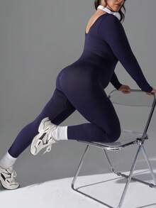 1 Stück Shapewear Jumpsuit in Große Größen für Damen, nahtlos, einfarbig, Rundhalsausschnitt, bequem, modischer, hautfreundlicher Langarm Yoga Jumpsuit, formt die Figur, schlankt die Taille, hebt den Po, geeignet für Yoga, Sport und Workout - marineblau - Übersicht 6