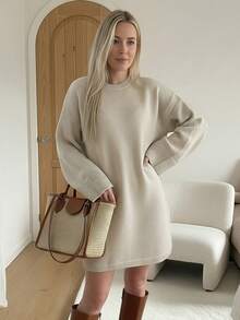 女秋冬韩版优雅宽松毛衣裙灰色圆领长袖简约休闲舒适穿着适合日常外出 - 淺卡其 - 查看 4