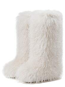 Women's Snow Boots Women's Furry Fur Boots Mid Calf Boots Fuzzy Fluffy Slip On Suede Warm Fur Lined Booties Christmas Halloween Fashion Comfortable Outfit Boots - 米色 - 查看 10