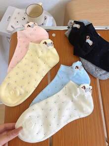 5 pares de calcetines de tobillo transpirables y de corte bajo con diseño de orejas de cachorros lindos y aleatorios - Multicolor - Ver 5