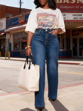 曲线修身高腰阔腿牛仔裤 弹力深蓝色牛仔裤 大码通勤裤