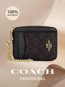 Coach 女士迷你拉链卡包小型信用卡夹带透明身份证窗口可爱零钱包女士轻便便携钱包带可拆卸腕链 - Walnut Black3 - 查看 2