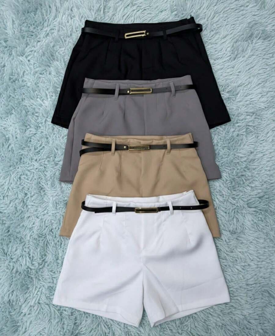 Set Of 3 Women's Plus Size Tailored Shorts With High Waist And Belt - On - đen/xám/be/trắng - Xem 1