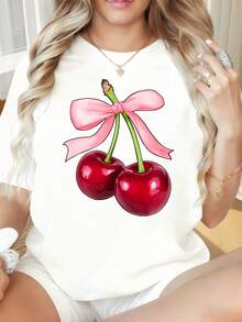 Cherry Bow Print Women's Casual T-Shirt Summer Fashion Top With Pink Ribbon DesignWomen's T-Shirts With Round Neck And Short Sleeves Have Interesting Printed Patterns, Which Are Suitable For Christmas Partiessports Activitiesholiday Partiesoutingssports And Other Holiday Gifts. - 白色 - 查看 1