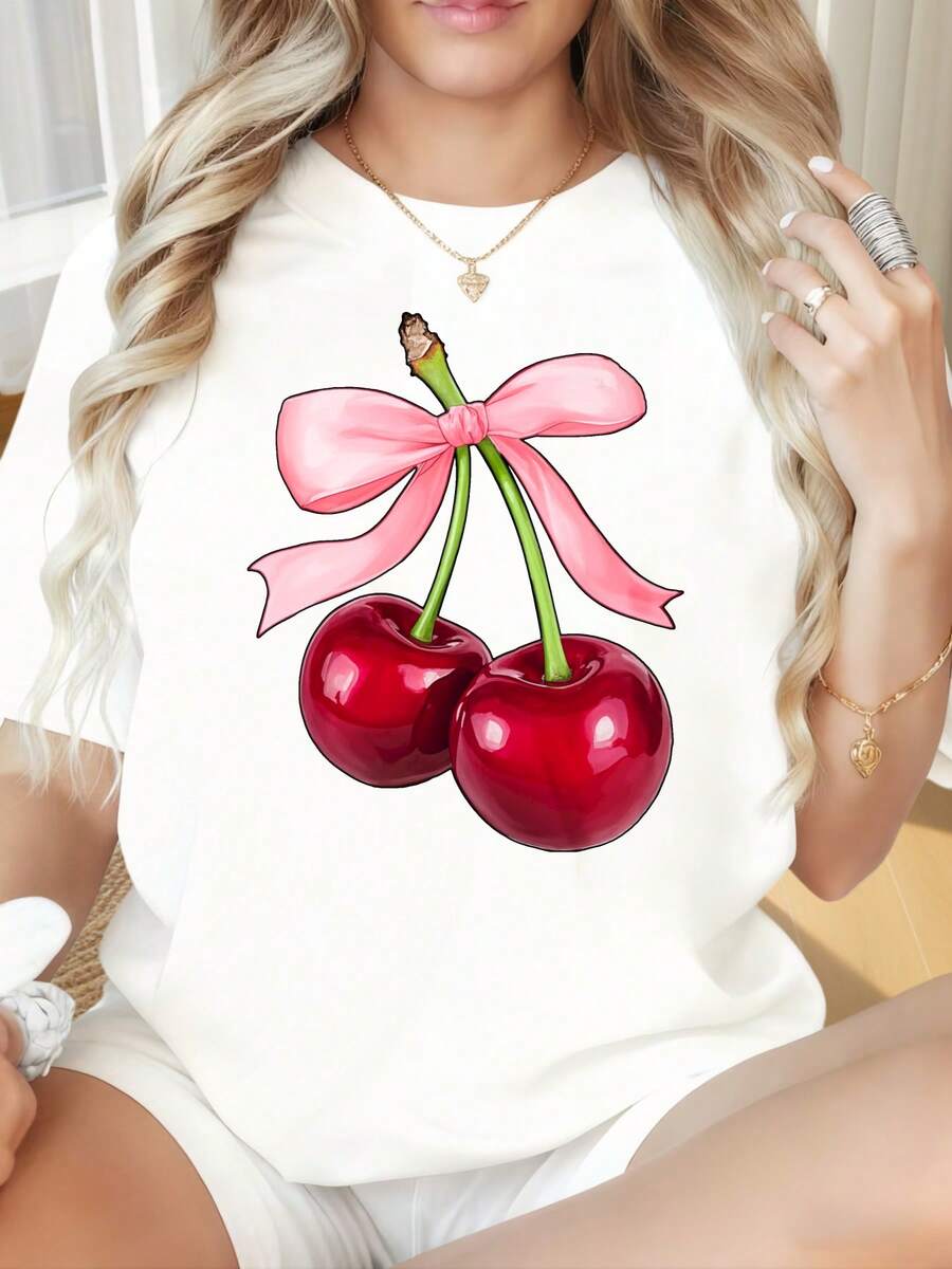 Cherry Bow Print Women's Casual T-Shirt Summer Fashion Top With Pink Ribbon DesignWomen's T-Shirts With Round Neck And Short Sleeves Have Interesting Printed Patterns, Which Are Suitable For Christmas Partiessports Activitiesholiday Partiesoutingssports And Other Holiday Gifts. - 白色 - 查看 1