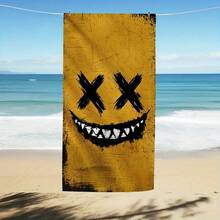 1pc Large Microfiber Quick-Dry Beach Towel - Yellow With Black Grinning Face Design, Lightweight & Soft Adults And Teens, Pool, Travel, Swim, Camping, Yoga & Picnic, Beach Towel - White - View 7