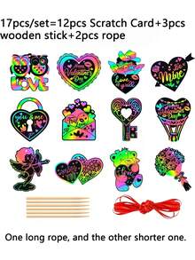 17张/套情人节刮刮卡：心形彩虹刮刮卡，图案包括爱心、丘比特、猫头鹰、信封、热气球、花束和心形钥匙。鲜艳的色彩、彩虹涂鸦卡片和神奇的刮刮纸，使其成为情人节派对礼物、DIY手工和节日游戏的完美选择。 - 情人節款 - 查看 8