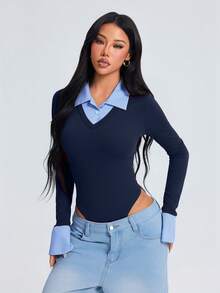 Women's Fashionable Elegant Sexy 2 In 1 Bodysuit, Blue Striped Lapel V-Neck Fitted Long Sleeve T-Shirt, Women's Bodysuit New Arrival For Autumn/Winter, Spring Fashion Outfit, Suitable For Holiday Gift, Party, Birthday, Mother's Day - Royal Blue - View 6