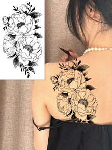 1 pieza Pegatina de tatuaje temporal con diseño de flor, pegatina de tatuaje de papel, tatuaje falso de arte corporal multiusos, adecuado para tus brazos, pecho, abdomen y espalda – , fácil de aplicar y quitar - Negro - Ver 2