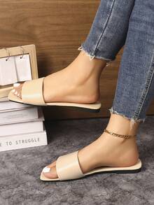 Women's Square Toe Flat Slide Sandals, Open Toe Fashion Summer Slippers - Beige - View 5