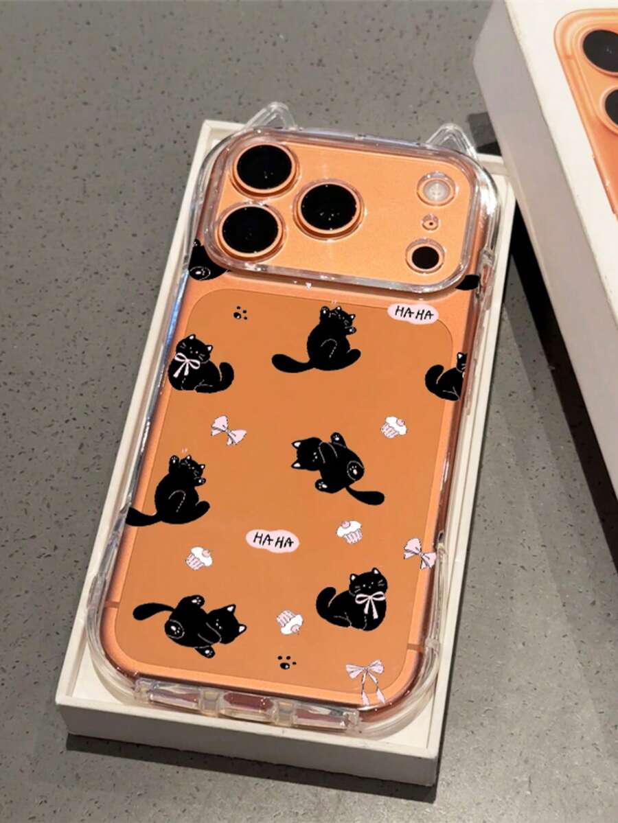1个蛋糕蝴蝶结俏皮黑猫透明手机壳，猫耳设计，气垫防摔，1.5mm柔软TPU外壳，适用于 17/17Pro/Air/17PROMAX/16/16Pro/16PLUS/16Promax/15Promax/11/12/13/14/15Plus/15Pro/14Pro/13Pro