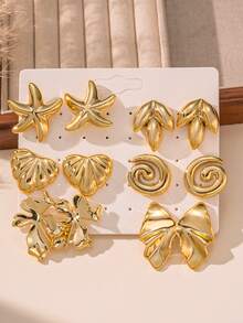 2-12pcs Fashionable Bohemian Style Earrings, Starfish, Leaf, Heart, Flower And Asymmetric Geometric Patterns, Versatile For Women Daily Wear, Suitable For Party, Date, Beach Vacation And Travel - Gold - View 5