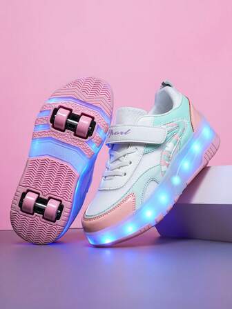 1双女士PU魔术贴系带LED灯设计透气面料随机图案可爱圆头厚底低帮休闲运动鞋，适合所有季节和夜间装扮。