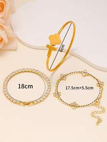 Elegant Fashion Four-Leaf Clover Zirconia Inlaid Hollow Four-Leaf Clover Bracelet Stainless Steel Women's Bracelet Set, Suitable For Daily Wear, Formal Occasions, Dates, And Gift-Giving - Yellow Gold - View 7