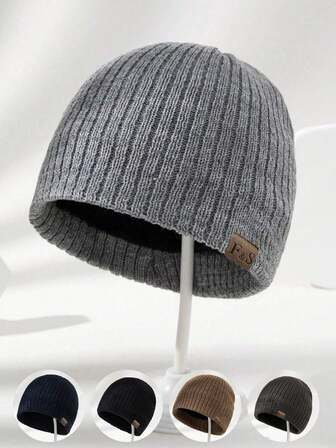 1pc Unisex Autumn/Winter Outdoor Small Leather Label Thermal Lined Warm Knit Hat, Soft & Fashionable, Suitable For Daily Wear