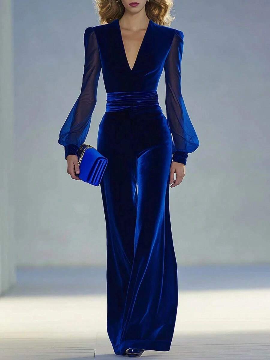 2026 New Long Sleeve Long Jumpsuit Women Christmas Party Velvet Sheer Solid Color Cosplay Costume Cos - Màu xanh lam - Xem 1