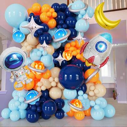 125pcs Astronaut Theme Balloon Arch Set, Includes Astronaut, Rocket, Moon And Star Foil Balloons, As Well As Navy Blue, Light Blue, Orange, Apricot And Oblong Latex Balloons. Suitable For Birthday Party, Baby Shower, 1st Birthday Celebration And Cartoon Space Theme Party Decoration.
