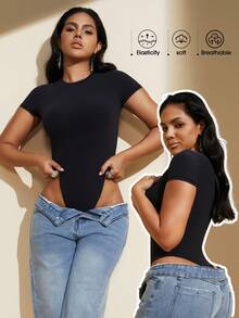 1pc Women Black Seamless Scoop Neck Short Sleeve Sexy Bodysuit Thong - Black - View 9