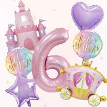 7pcs Castle Princess Car Balloon Set, Includes 32inch Pink Number Balloons 1, 2, 3, 4, 5, 6, Suitable For Princess Theme Party Decoration, Birthday Anniversary Celebration Home Decor, Birthday Party Supplies And Decoration, Glow Balloons, Soft Color Balloon Wreath, Bow Balloons, Anniversary Decoration, Holiday Balloon Wreath, High Quality Balloons, Party Balloon Set, Home Decor, Event Planner - Pink - View 8