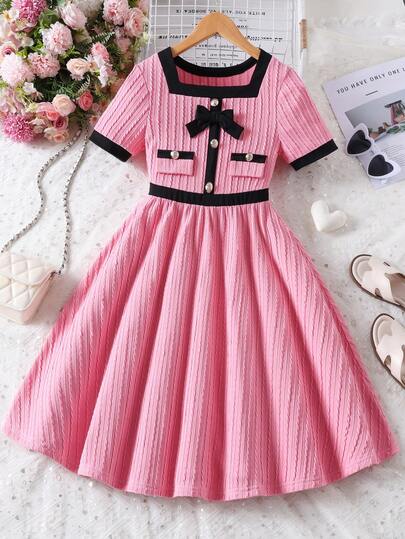 女童方领蝴蝶结装饰优雅短袖连衣裙，春夏款