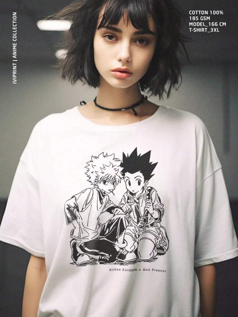 Gon N Killua Anime Manga T Shirt Uni Short Sleeve S-5XL - 白色 - 查看 1