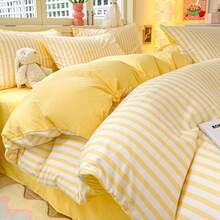 4 pièces Ensemble de literie moelleux et doux comme un nuage, à rayures unies, motif unicolore pastel, doux et confortable pour la chambre, le dortoir, lit double/queen/twin, réversible, respirant, convient à toutes les saisons - Multicolore - Voir 9