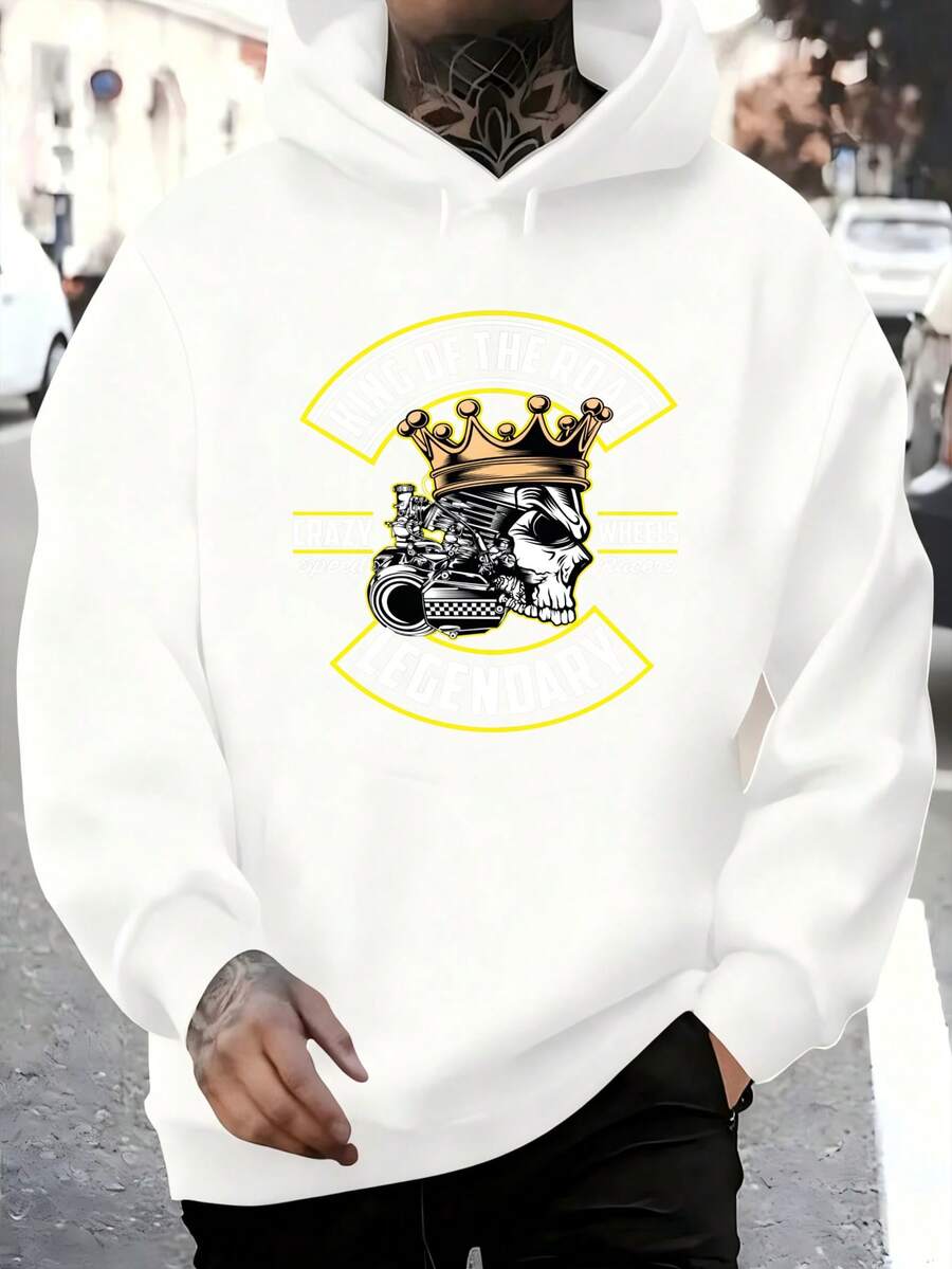 Men's Hooded Sweatshirt, Men's Fashion Black Hoodie With Skull And Crown Print King Of The Road Legendary Crazy Speed Wheels Racers For Daily Use And Social Occasions Winter Spring, Christmas Outfit Ideas, Perfect For Outdoor Activities, Parties, And The Best Gift For Friends. - 白色 - 查看 1