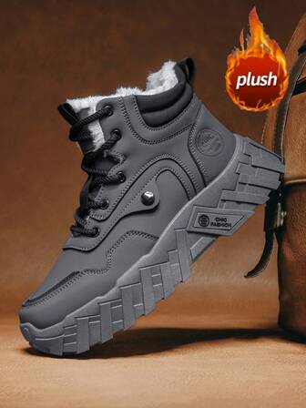 2025 Winter New Men's Boots, Retro Thick Sole Increase Height Leather Boots, Khaki Warm Fur Lining Outdoor Street Fashion Motorcycle Riding Boots, European And American Style Outdoor Travel Desert Boots, Mid-Calf Boots