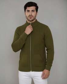 Men's Knit Jacket With Zipper, Men's Coat, Men's Winter Jacket - Olive Green - View 5
