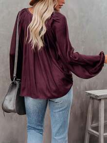 Plus Size Women's Solid Color V-Neck Drawstring Casual Long Sleeve Shirt Spring - Burgundy - View 3