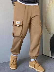 1pc Teen Boys Casual Avant-Garde Sports Outdoor Cargo Pants With Large Pockets & Webbing Decor, Spring/Autumn - Khaki - View 3