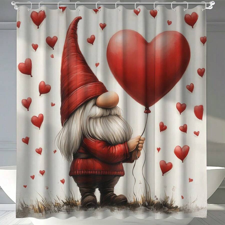 1pc Gnome Heart Balloon Pattern Digital Printed Mildew Resistant Waterproof Shower Curtain, 12 Plastic Hooks And Metal Grommets, Durable And Sturdy Bathroom Accessory - Multicolor - View 1