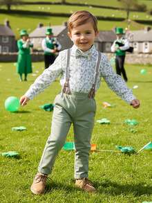 BOARNSEORL 2pcs Young Boys Gentleman Outfit, Long Sleeve Printed Shirt With Bow Tie And Green Suspender Pants, Fashionable & Elegant For Birthday, Anniversary, Party, Daily Wear - Green - View 8