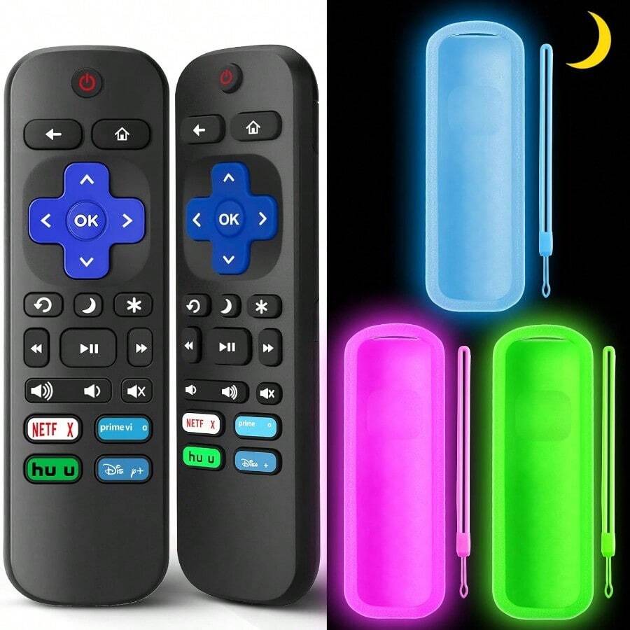 AWYY3+2 Packs Replacement Remote Control For Roku With Soft Silicone Case Universal Remote For  Roku/Hisense Roku/Onn Roku/Westinghouse Roku/ Roku Smart TVs (Not For Roku Stick/Box) - 2個裝遙控器,藍色外殼,紫色外殼,綠色外殼 - 查看 1