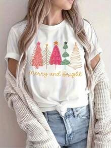 Camiseta gráfica festiva de árbol de Navidad: casual, cuello redondo, manga corta, top de mujer, estampado navideño, mezcla de viscosa y elastano, tejido de punto - Blanco - Ver 2